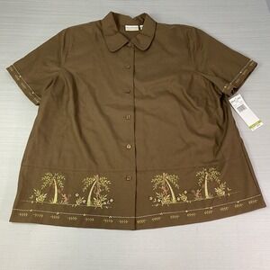 Alfred Dunner Button Up Blouse‎ Women's 22W Brown Monkeys Palms Short Sleeve NWT